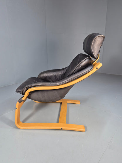 Vintage Black Leather Armchair Blonde Bentwood 1980s Danish MCM EB9256 MBEN7