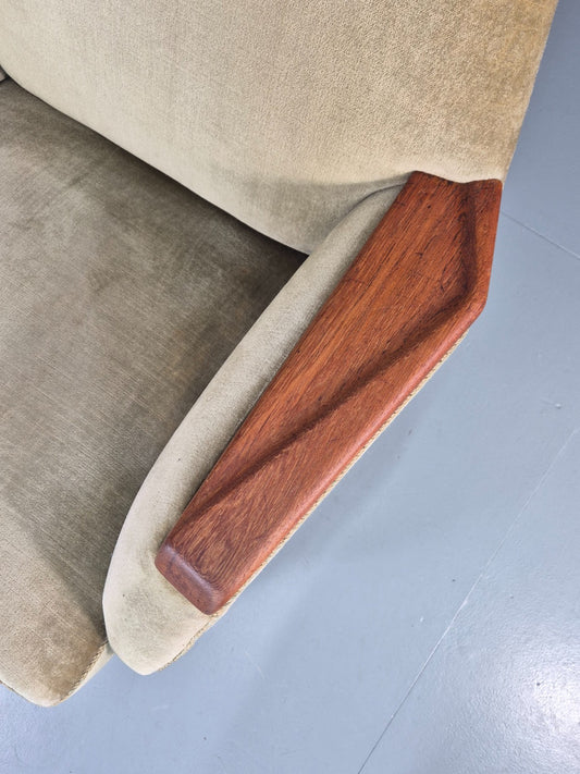 Vintage Mid Century Lounge Chair 1960s Green Velour Teak Detail EB11296 MNOR1