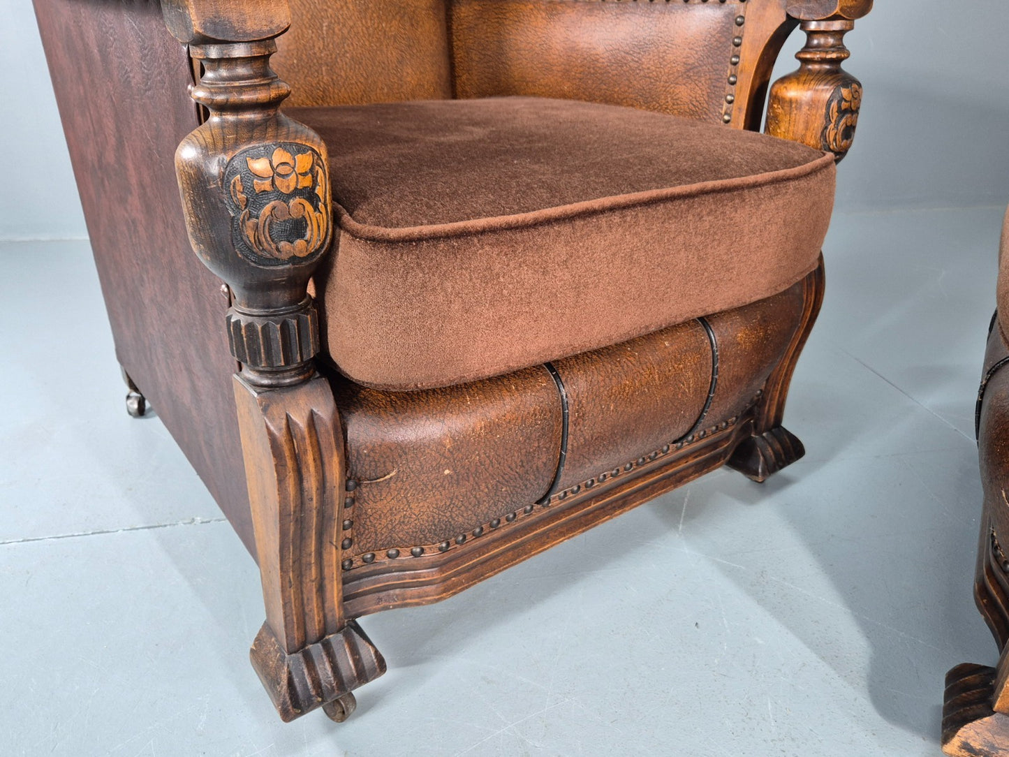 2 Edwardian Lounge Chairs Baroque Oak Frame Rexine and Velour EB11264 VLEA20