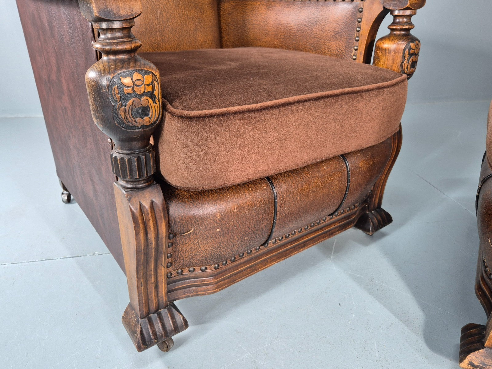 2 Edwardian Lounge Chairs Baroque Oak Frame Rexine and Velour EB11264 VLEA20
