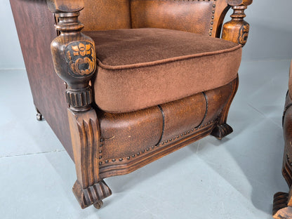 2 Edwardian Lounge Chairs Baroque Oak Frame Rexine and Velour EB11264 VLEA20