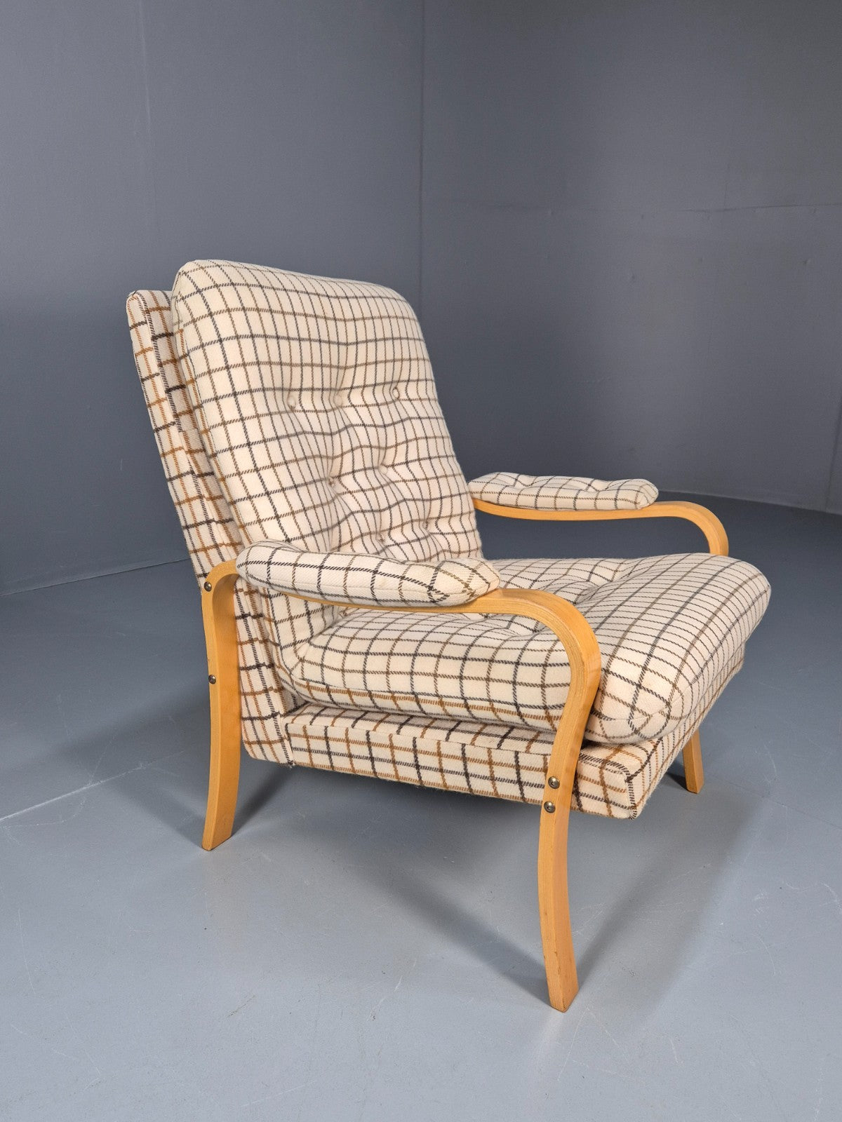 Vintage Bentwood Lounge Chair Danish Cream Wool Check 1980s Retro EB10334 MBEN8