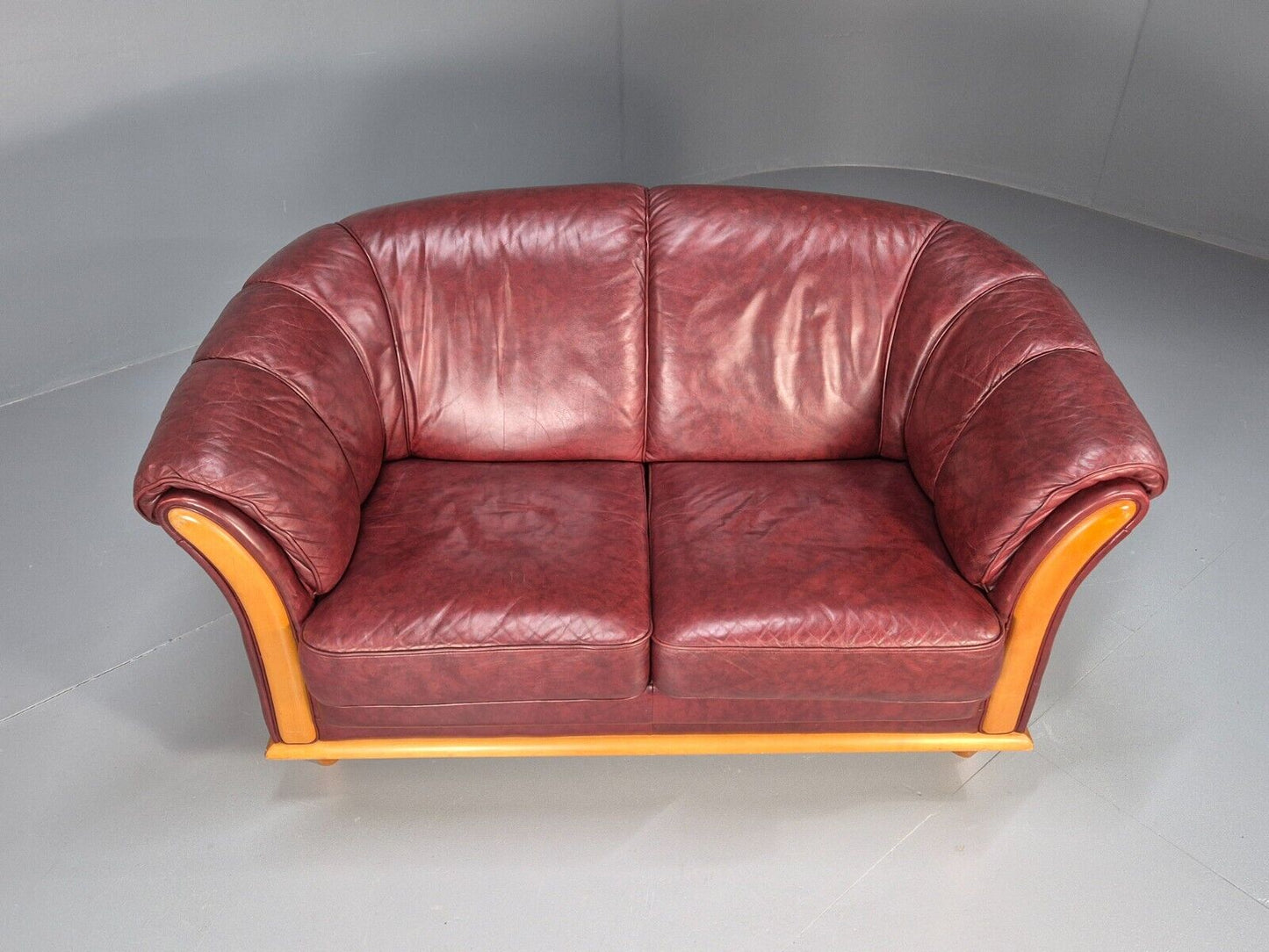 Vintage Danish 2 Seat Sofa Red Leather Wood Trim 1990s Retro EB8567 M2SS - UKDK FURNITURE