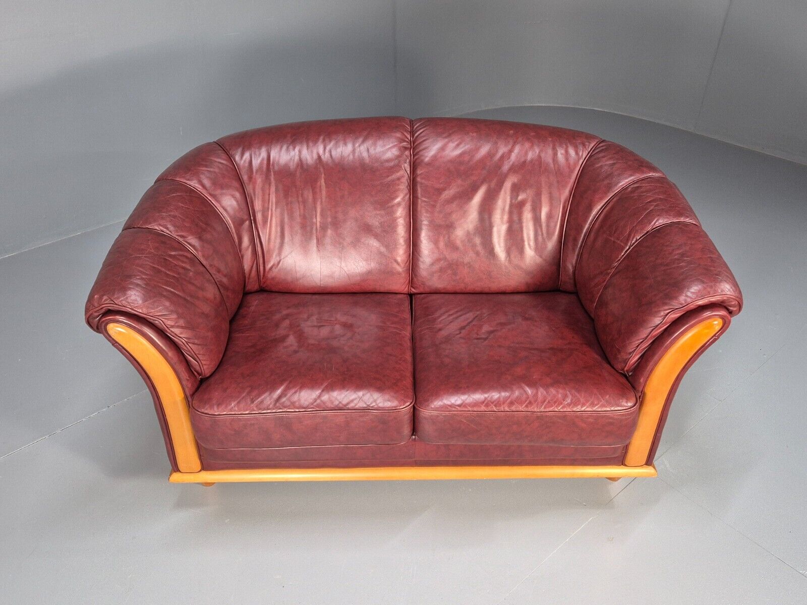 Vintage Danish 2 Seat Sofa Red Leather Wood Trim 1990s Retro EB8567 M2SS - UKDK FURNITURE
