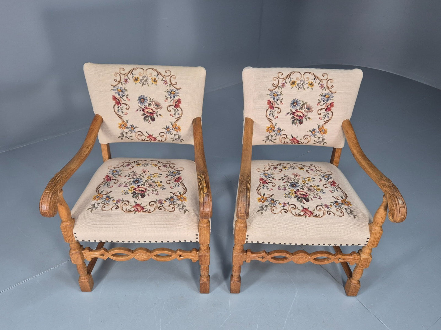 2 Baroque Elbow Chairs Oak Frame Vintage Denmark Floral Upholstery EB10727 VCAR2