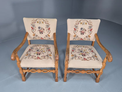2 Baroque Elbow Chairs Oak Frame Vintage Denmark Floral Upholstery EB10727 VCAR2