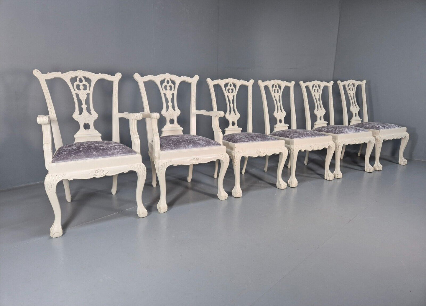 6 Vintage Chippendale Style Chairs White Painted Blue Chenille 1950s EB9394 VDIN - UKDK FURNITURE