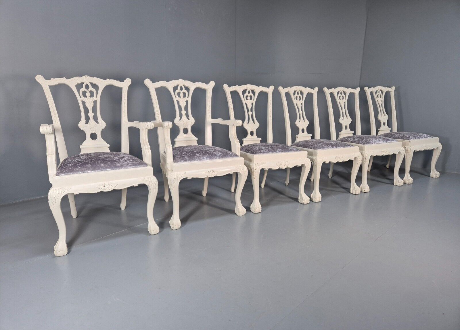 6 Vintage Chippendale Style Chairs White Painted Blue Chenille 1950s EB9394 VDIN - UKDK FURNITURE