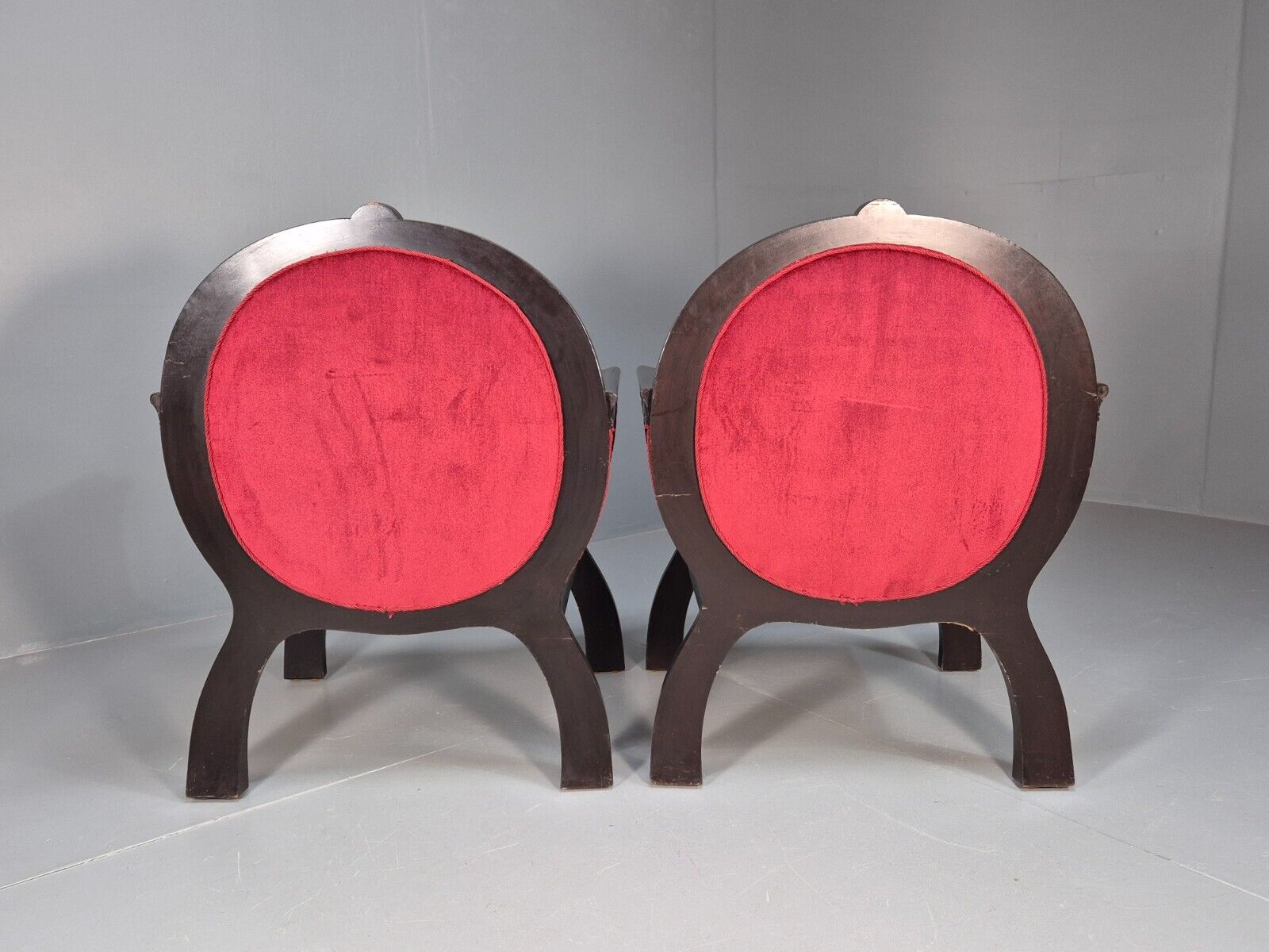 2 Vintage Danish Lounge Chairs Red Velour Mahogany Gondola Style EB8997 VCLO - UKDK FURNITURE