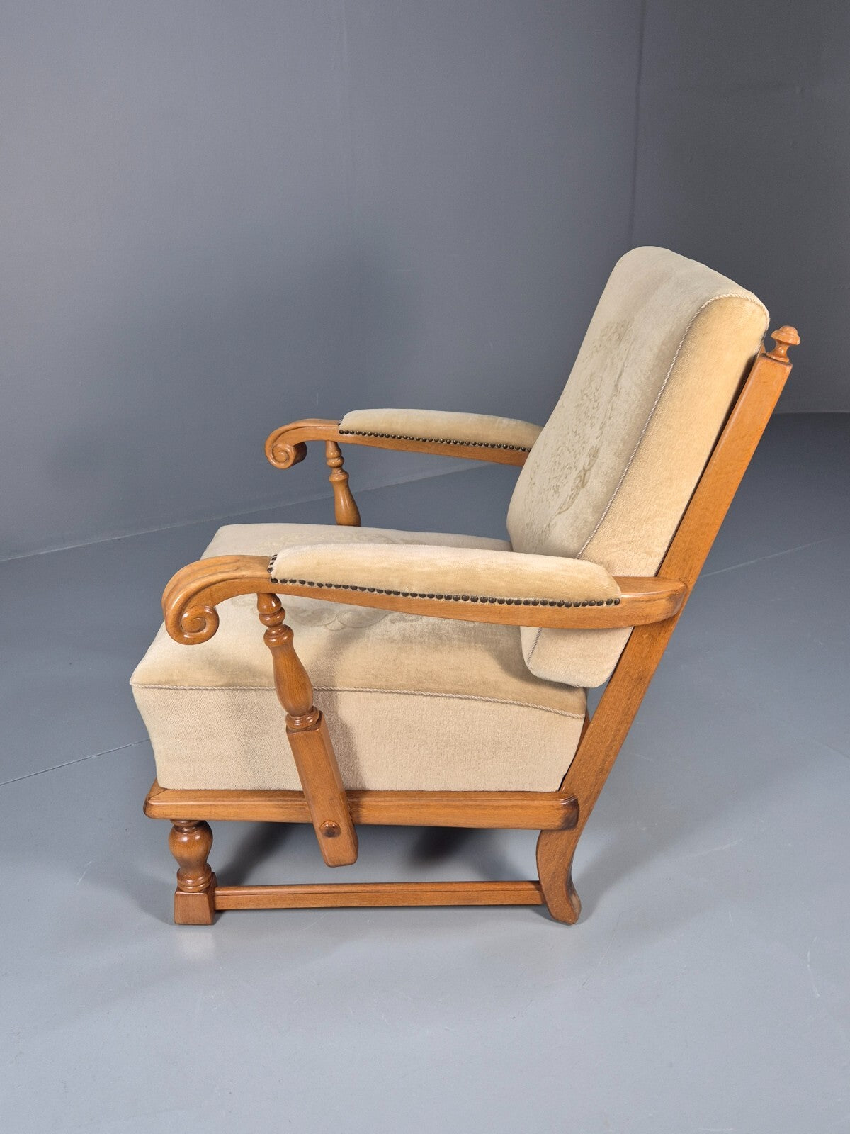 Vintage Danish Oak Frame 1970s Lounge Chair Gold Floral Upholstery EB9658 VCLO - UKDK FURNITURE