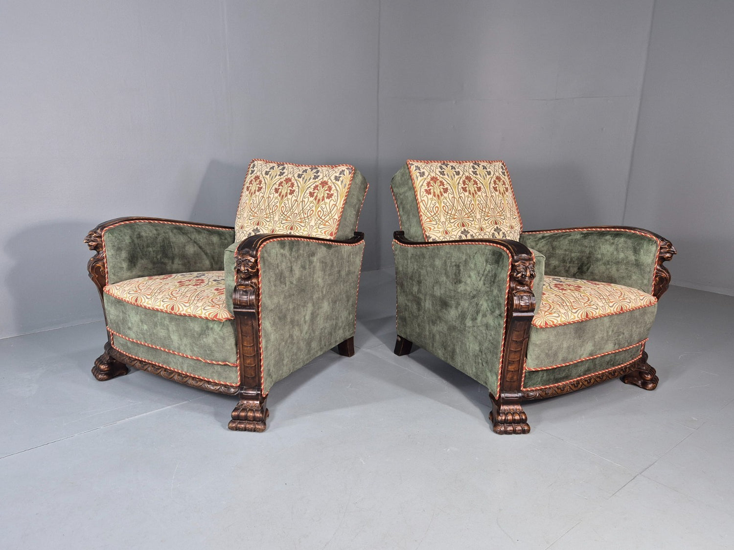 Vintage Art Deco Chairs Pair Of Carved Wood Green Velour Cream EB11739 VCAR0