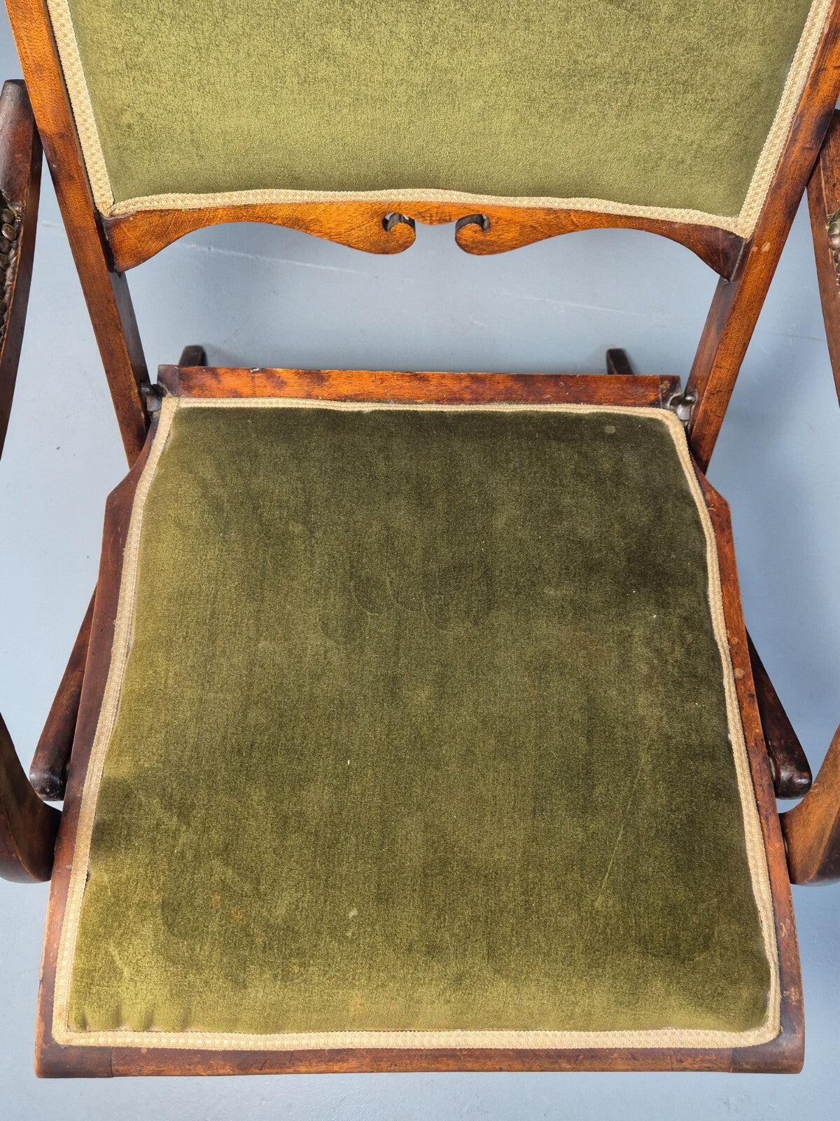 Antique Campaign Chair in Green Velour and Mahogany Victorian EB9696 VCLO - UKDK FURNITURE