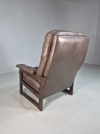 Vintage Danish Lounge Chair Brown Leather Buttoned 1970s Retro MCM EB8239 MNOR - UKDK FURNITURE