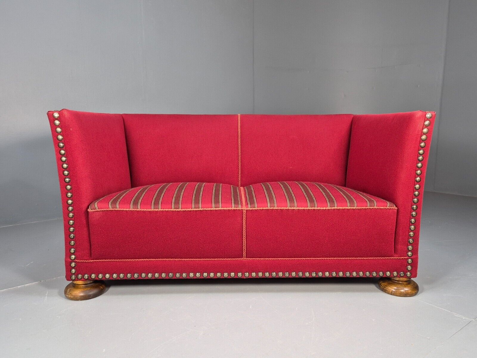 Vintage Danish 2 Seat Sofa Red Wool Oak Bun Feet Antique 1920s EB8940 M2SS - UKDK FURNITURE