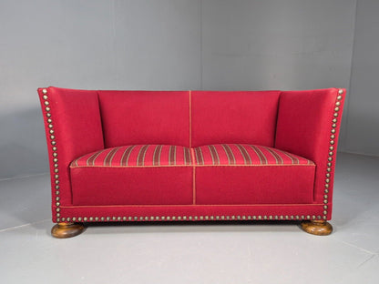 Vintage Danish 2 Seat Sofa Red Wool Oak Bun Feet Antique 1920s EB8940 M2SS - UKDK FURNITURE