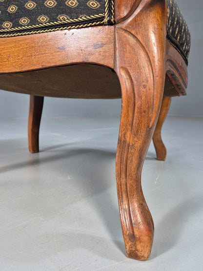 Antique Mahogany Armchair Black Pattern Fabric Louis XV Style EB9552 VCLO - UKDK FURNITURE