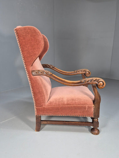 Vintage Danish Lounge Chair Pink Peach Velour Oak 17th Century Style EB8970 VCLO - UKDK FURNITURE