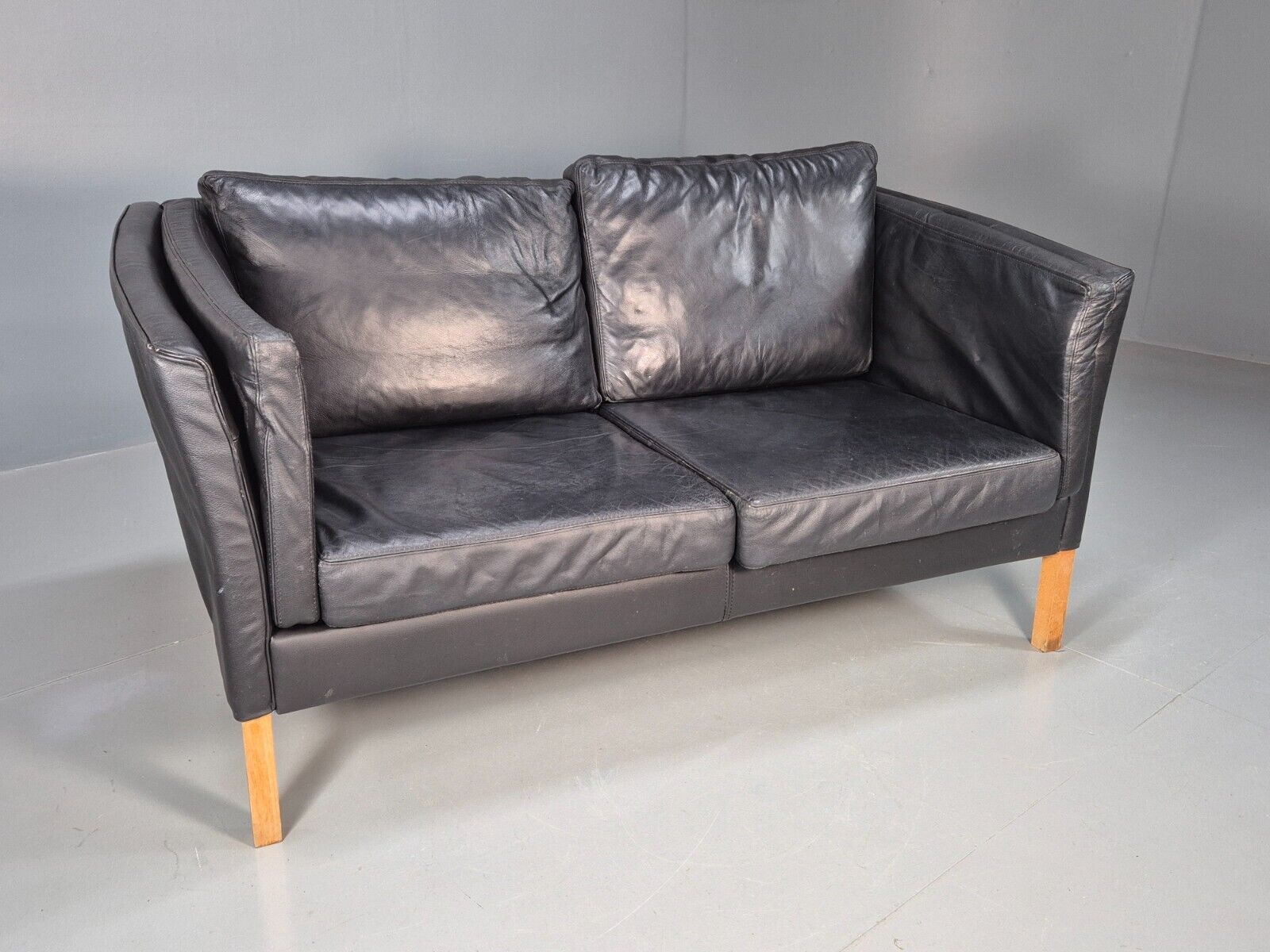 Vintage Danish 2 Seat Sofa Black Leather 1980s Retro MCM EB8618 M2SS - UKDK FURNITURE