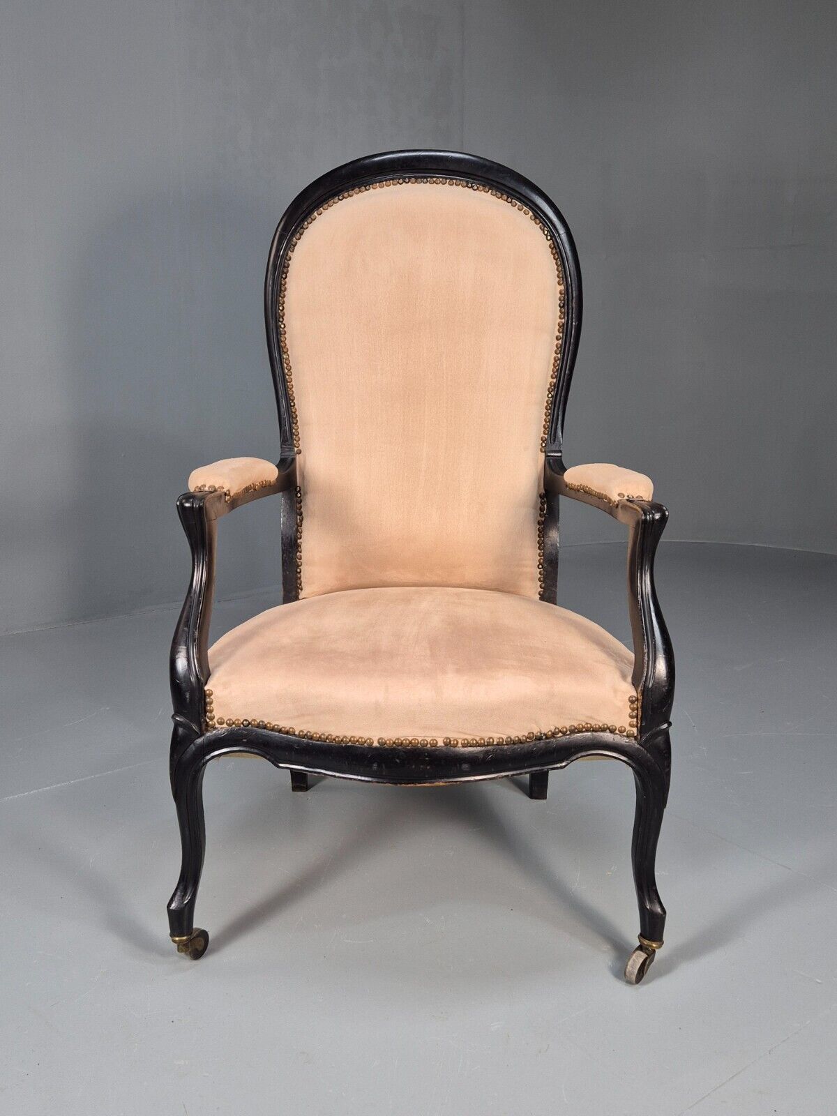 Antique Danish Cream Suede Horseshoe Backed Chair With Castors EB8450 VCLO - UKDK FURNITURE