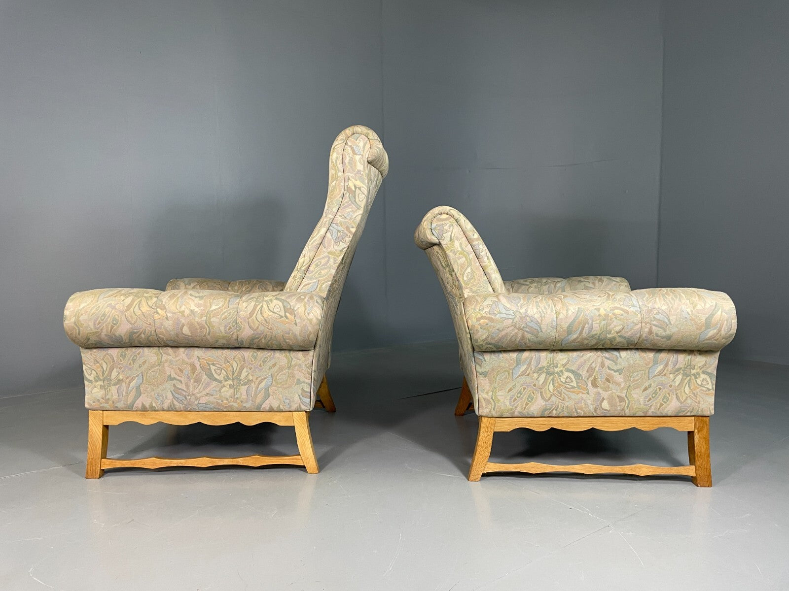 2 Danish Lounge Chairs Kjaernulf Oak Floral Cotton Vintage Retro EB6749 MNOR9