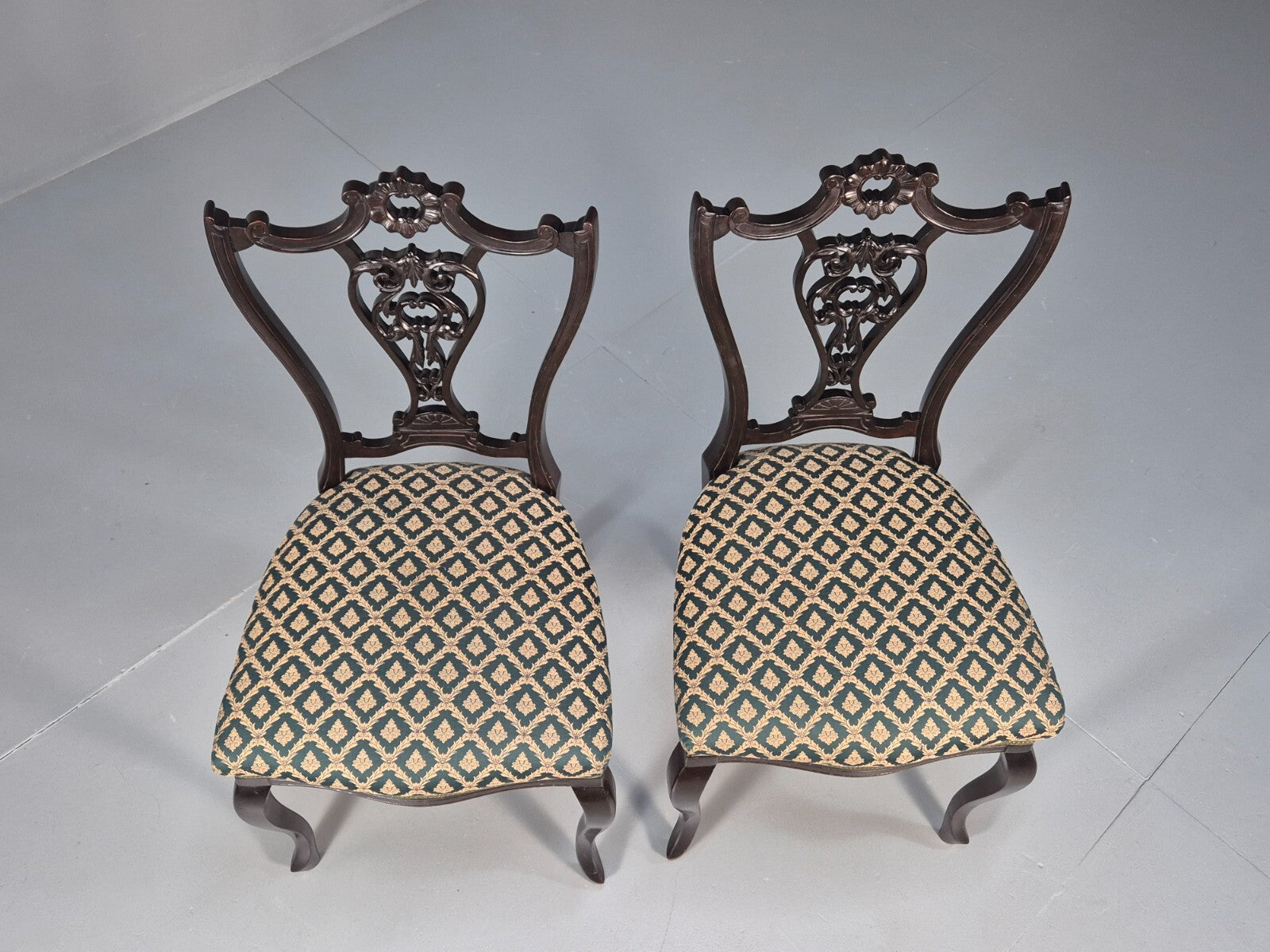 Vintage Royal Green Dining Chairs Pair Leaf Pattern Mahogany Frame EB9691 VDIN - UKDK FURNITURE