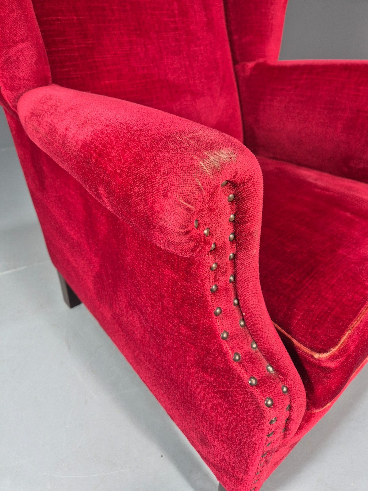 Wing Back Lounge Chair Red Velour Danish 1960s Georgian Style EB10754 VCLO11