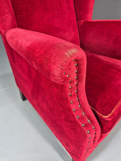 Wing Back Lounge Chair Red Velour Danish 1960s Georgian Style EB10754 VCLO11