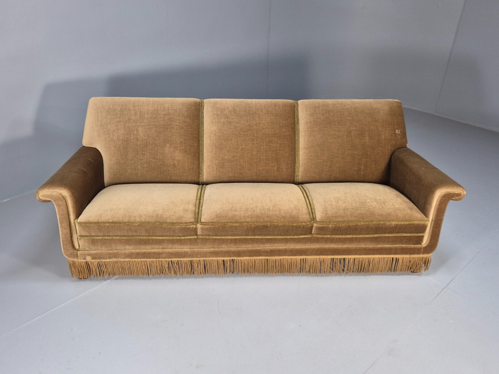 Vintage 3 Seater Sofa Green Velour Danish Mid Century Design Tassels EB9551 M3SS - UKDK FURNITURE