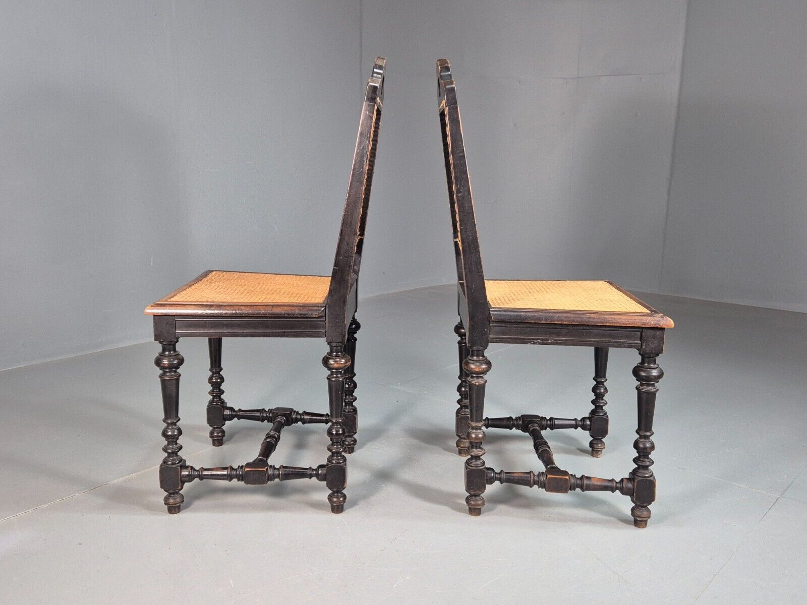 2 Vintage Dining Chairs Bergere Ebonised Aesthetic Movement Antique EB7975 VBER - UKDK FURNITURE