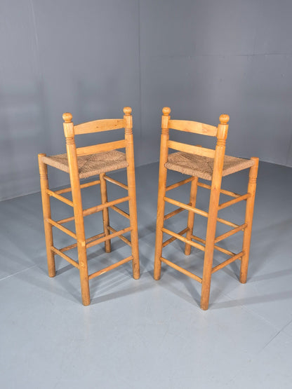 2 Vintage High Bar Stools 1980s Pine Rush Seats Retro  EB11014 VDIN3