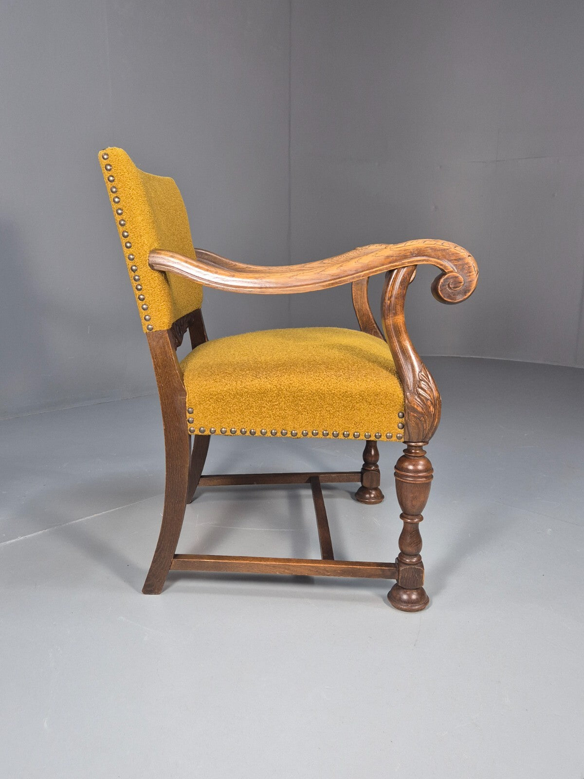 Vintage Danish Elbow Chair Yellow Carved Oak Frame 18th C Style EB9654 VCLO - UKDK FURNITURE