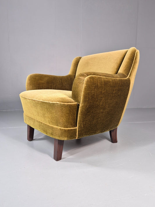Vintage Lounge Chair Danish Deco Green Velour 1950s Retro MCM EB11322 MNOR1