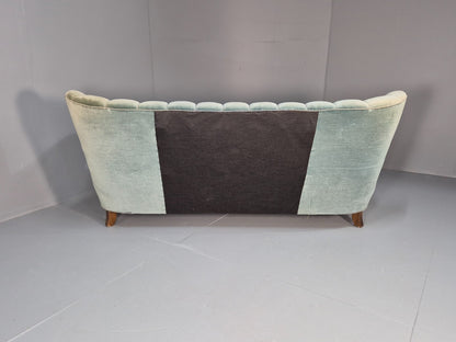 Vintage Danish Art Deco Sofa Blue Velvet Velour Oak Frame Shell Back EB9591 V3SS - UKDK FURNITURE