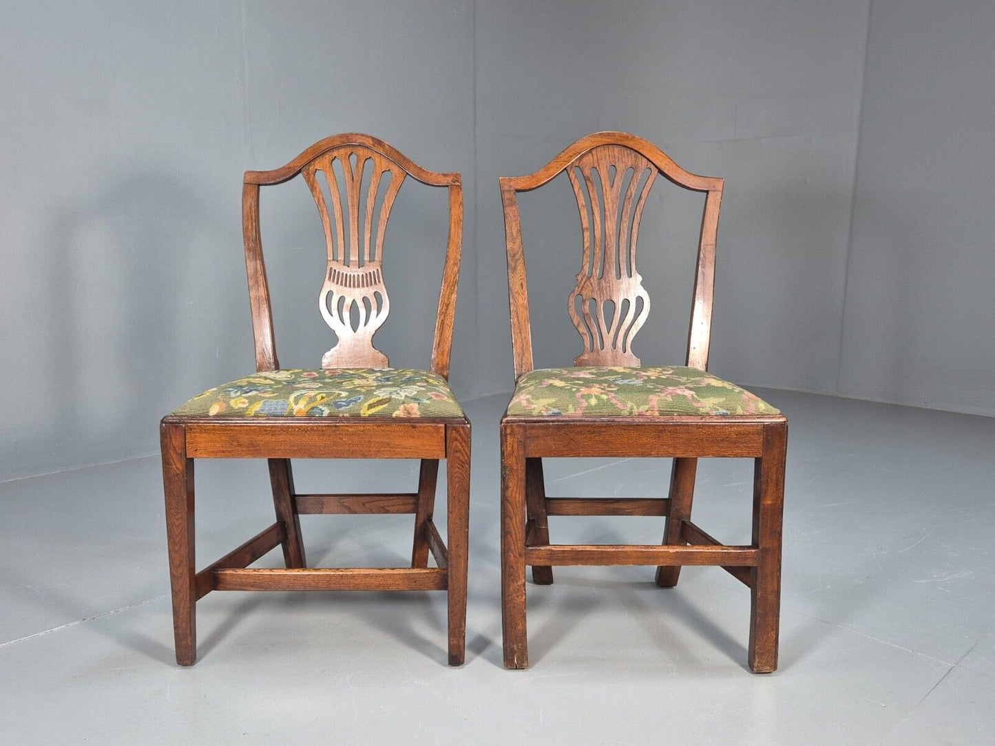 2 Vintage Oak Dining Chairs Green Floral Georgian Style Antique EB9084 VDIN - UKDK FURNITURE