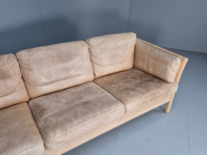 Vintage danish Tan Leather 3 Seat Sofa Wooden Ends Mogens Hansen MCM EB9083 M3SS - UKDK FURNITURE