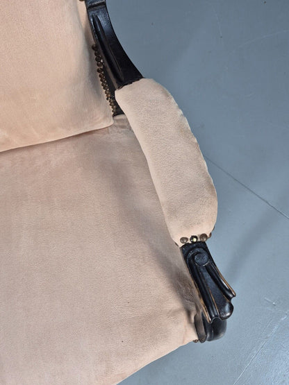 Antique Danish Cream Suede Horseshoe Backed Chair With Castors EB8450 VCLO - UKDK FURNITURE