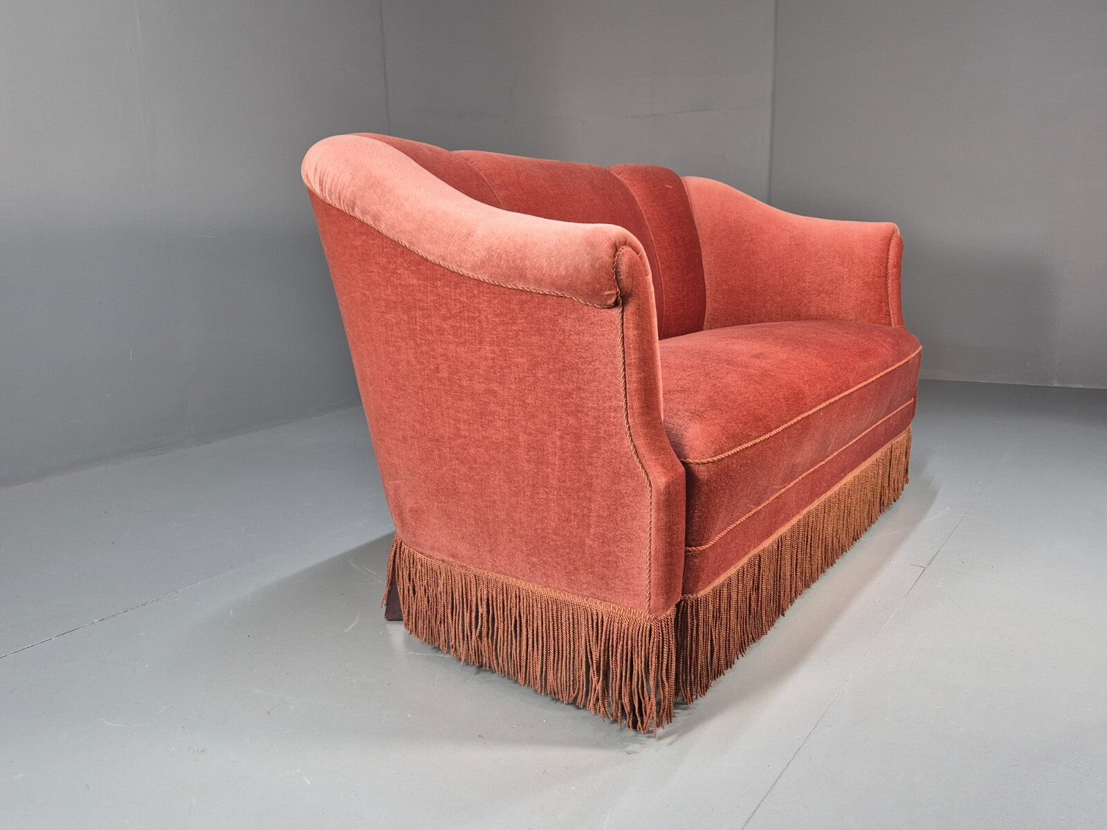 Vintage Art Deco Danish 2 Seat Sofa Pink Velour Tassels 1940s EB9666 V2SS - UKDK FURNITURE