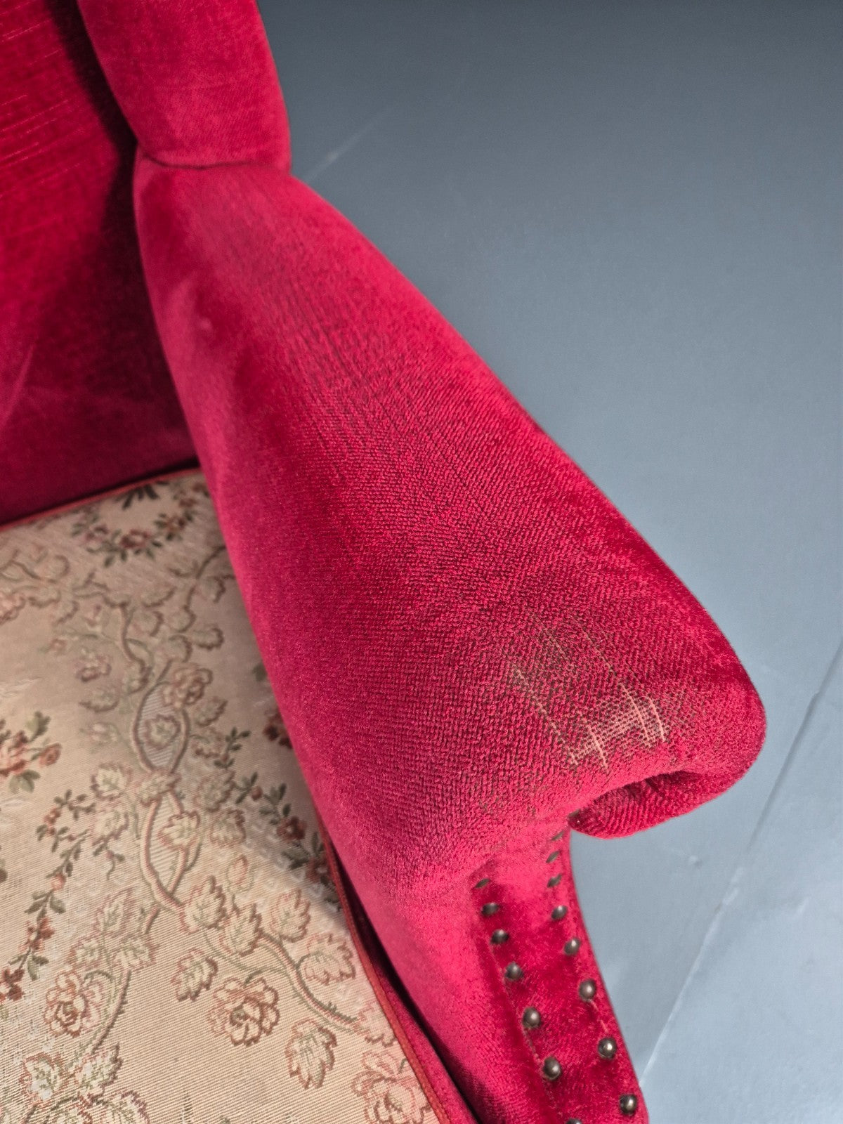 Wing Back Lounge Chair Red Velour Danish 1960s Georgian Style EB10754 VCLO4