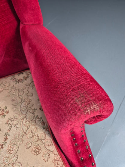Wing Back Lounge Chair Red Velour Danish 1960s Georgian Style EB10754 VCLO4