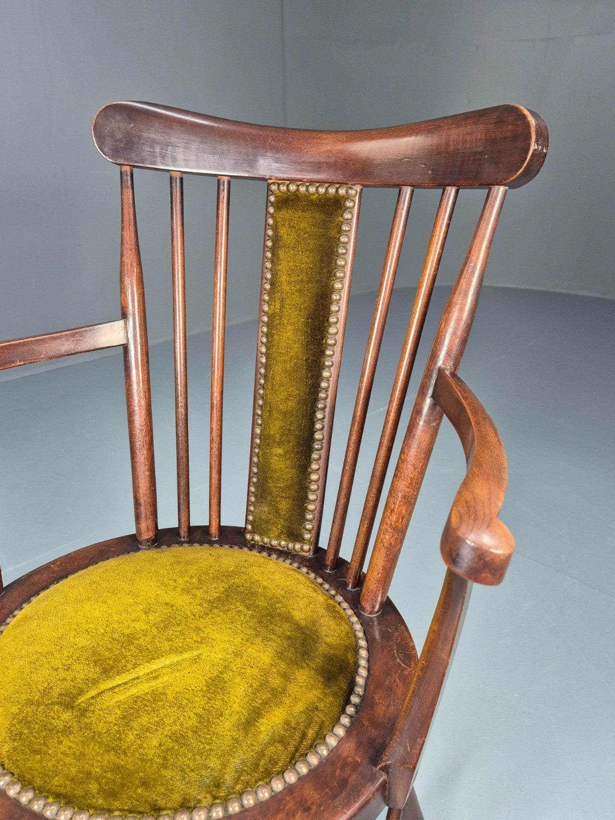 Edwardian Penny Seated Elbow Chair Mahogany Frame green Velour 1900 EB10612 VWOO3