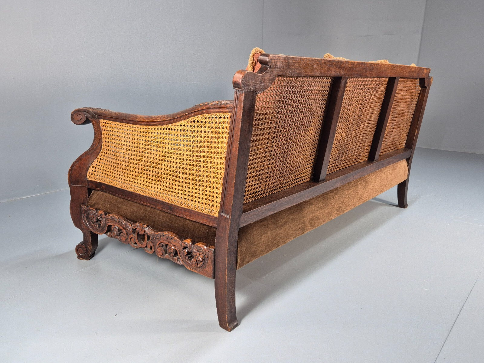Vintage Danish 1920s Carved Oak Sofa Bergere Brown Velour Antique EB9544 V3SS - UKDK FURNITURE