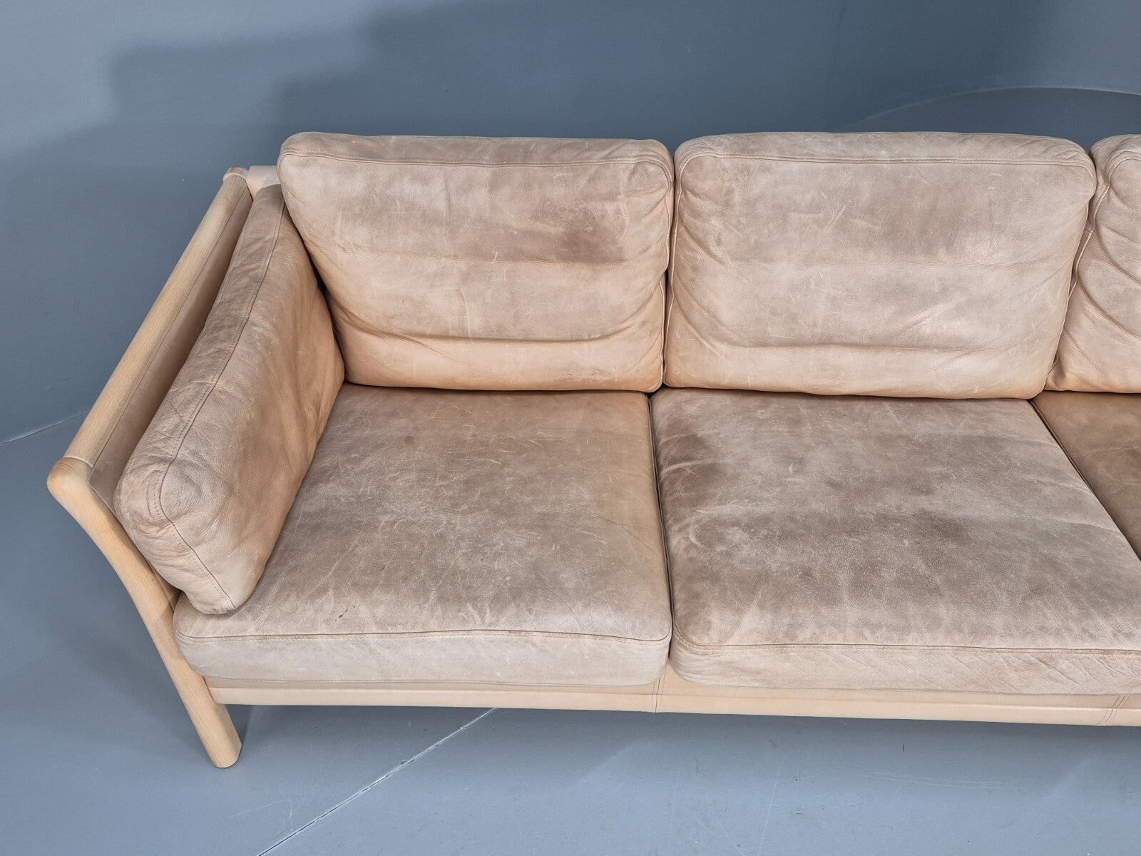 Vintage danish Tan Leather 3 Seat Sofa Wooden Ends Mogens Hansen MCM EB9083 M3SS - UKDK FURNITURE