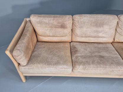 Vintage danish Tan Leather 3 Seat Sofa Wooden Ends Mogens Hansen MCM EB9083 M3SS - UKDK FURNITURE