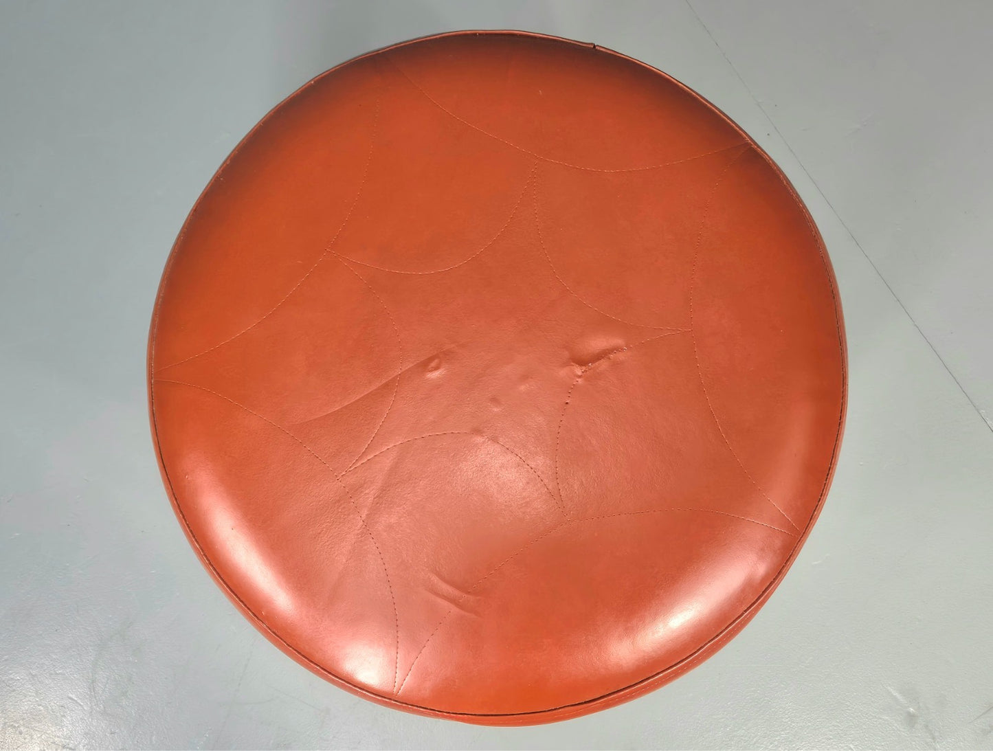Mid Century Circular Footstool Red Vinyl Teak Legs 1960s Danish EB10882 MFOO5