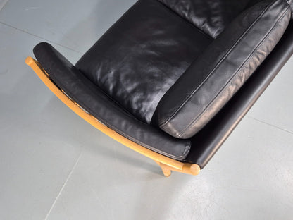 Mid Century Three Seater Sofa Beech Ends Black Leather 1980s Retro EB10399 M3SS19