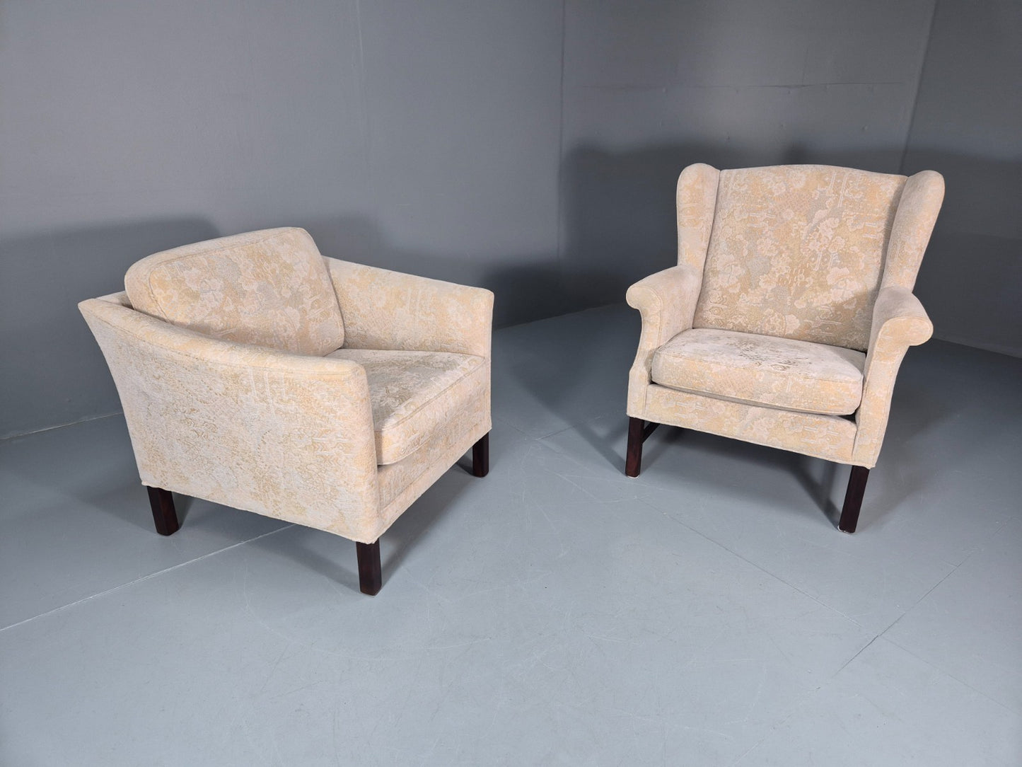 2 1970s Retro LOunge Chairs Danish Floral Cream Upholstery EB10764 VCLO13