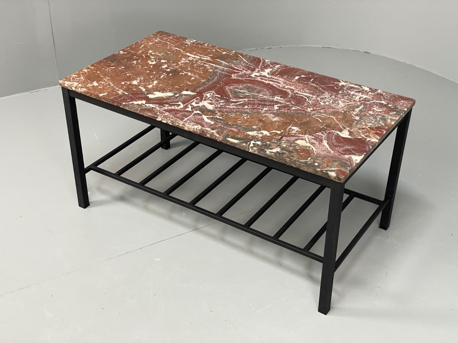 Vintage Marble Coffee Table Black Steel Frame Magazine Rack  1980s EB11047 MWOO5