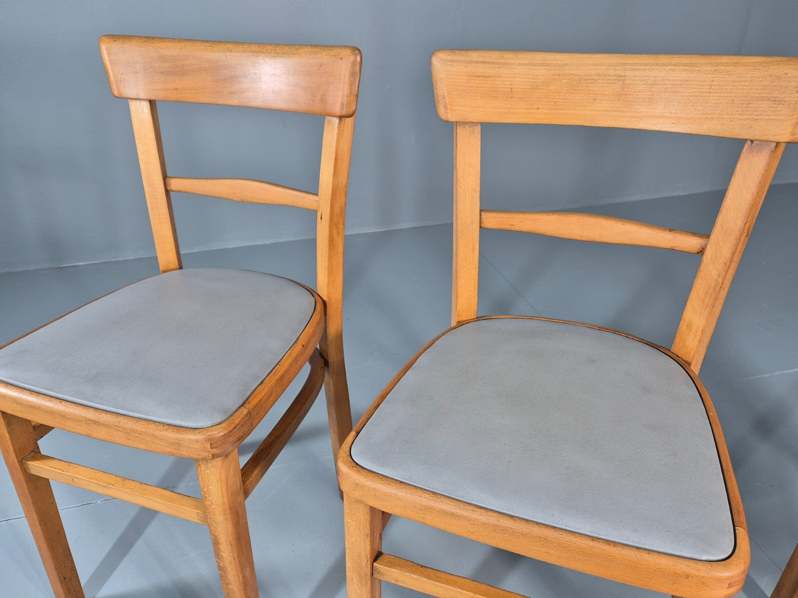 3 1960s Kitchen Chairs Beech Frame Grey Vinyl Seats Retro EB11475 MDIN4