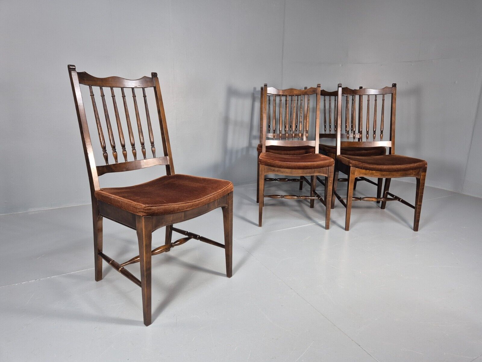 5 Vintage Dining Chairs Brown Velour Mahogany Stag 1970s Retro EB9148 VDIN - UKDK FURNITURE