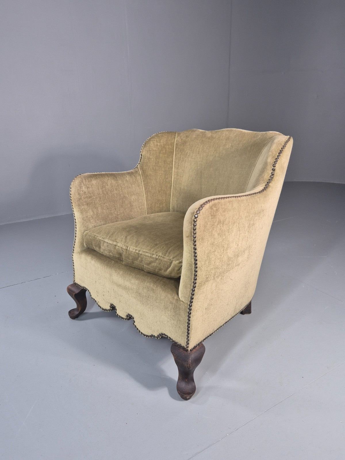 Danish Deco Lounge Chair 1930s Green Velour Stud Work Cabriole Leg EB11298 VCLO0
